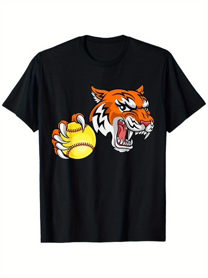 Men's Graphic T-Shirt Fierce Orange Tiger With Yellow Softball In Motion