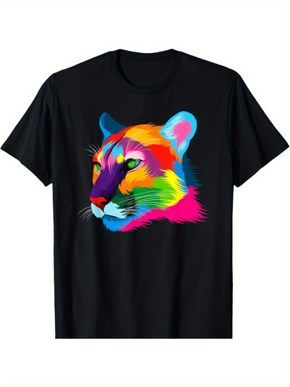 Men's Graphic T-Shirt Radiant Neon Color Blocks Highlighted Wild Cat Head
