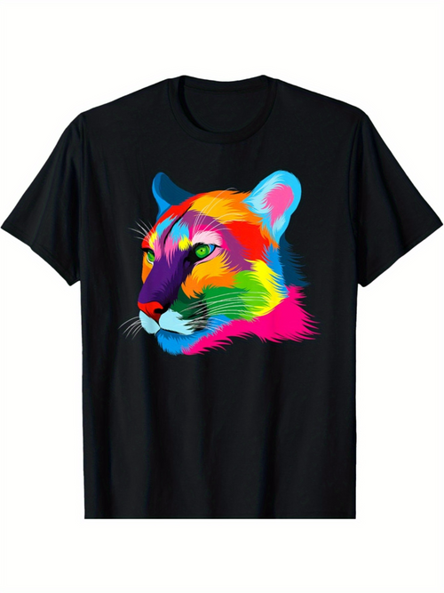 Men's Graphic T-Shirt Radiant Neon Color Blocks Highlighted Wild Cat Head