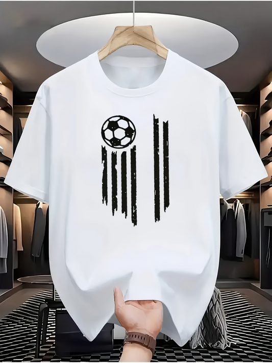 Men's Graphic T-Shirt Distressed Black Vertical Stripes With Soccer Ball White T Shirt