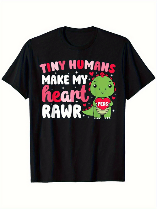 Men's Graphic T-Shirt Tiny Humans Make My Heart Rawr Cute Cartoon Dinosaur Surrounded By Red Hearts