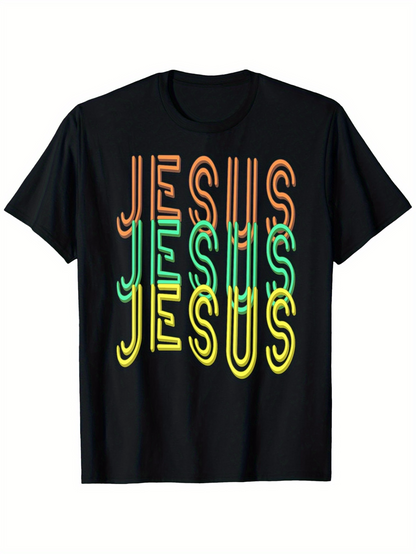 Men's Graphic T-Shirt Colorful Neon Layered Letters With Overlapping Graphic Jesus