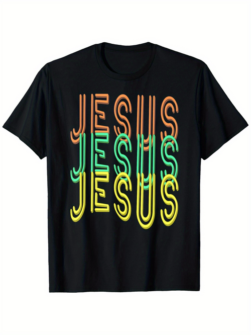 Men's Graphic T-Shirt Colorful Neon Layered Letters With Overlapping Graphic Jesus