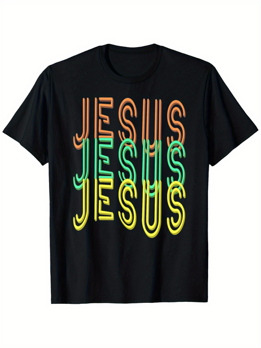 Men's Graphic T-Shirt Colorful Neon Layered Letters With Overlapping Graphic Jesus