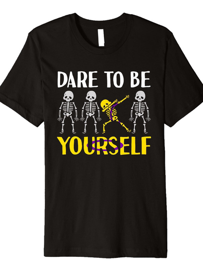 Men's Graphic T-Shirt Dare To Be Yourself Dancing Skeletons With Bold Yellow Lettering