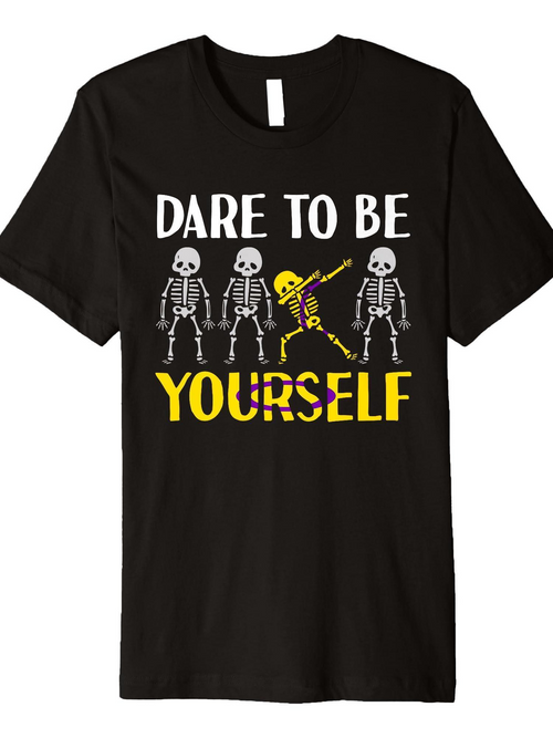 Men's Graphic T-Shirt Dare To Be Yourself Dancing Skeletons With Bold Yellow Lettering