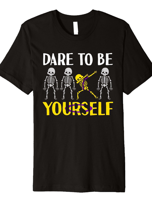 Men's Graphic T-Shirt Dare To Be Yourself Dancing Skeletons With Bold Yellow Lettering