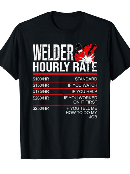 Men's Graphic T-Shirt Welder Hourly Rate Chart With Red Welding Mask Flames Graphic