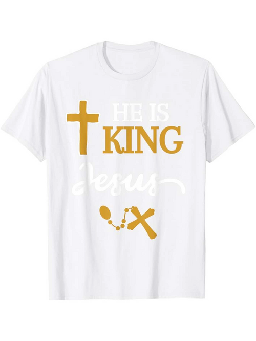 Men's Graphic T-Shirt He Is King Jesus With Golden Cross And Rosary Motif