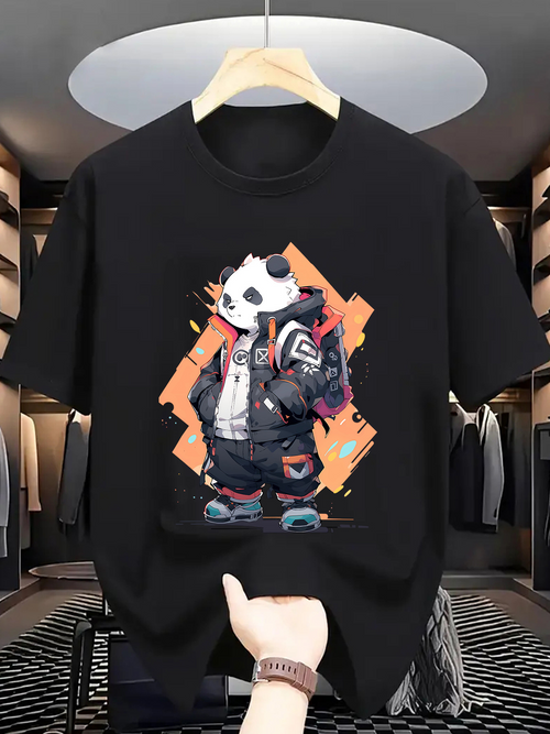 Men's Graphic T-Shirt Urban Style Cartoon Panda With Jacket And Colorful Graffiti Street Vibe Panda