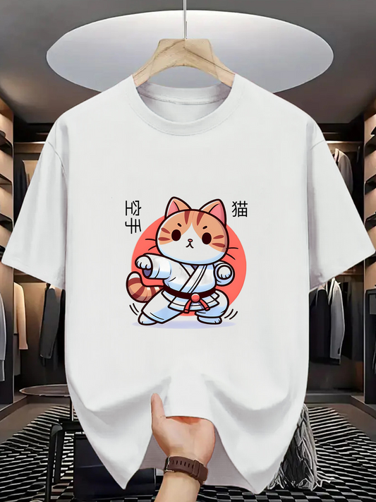 Men's Graphic T-Shirt Fiery Karate Cat With Red Sun Behind Fluffy Tail Cat