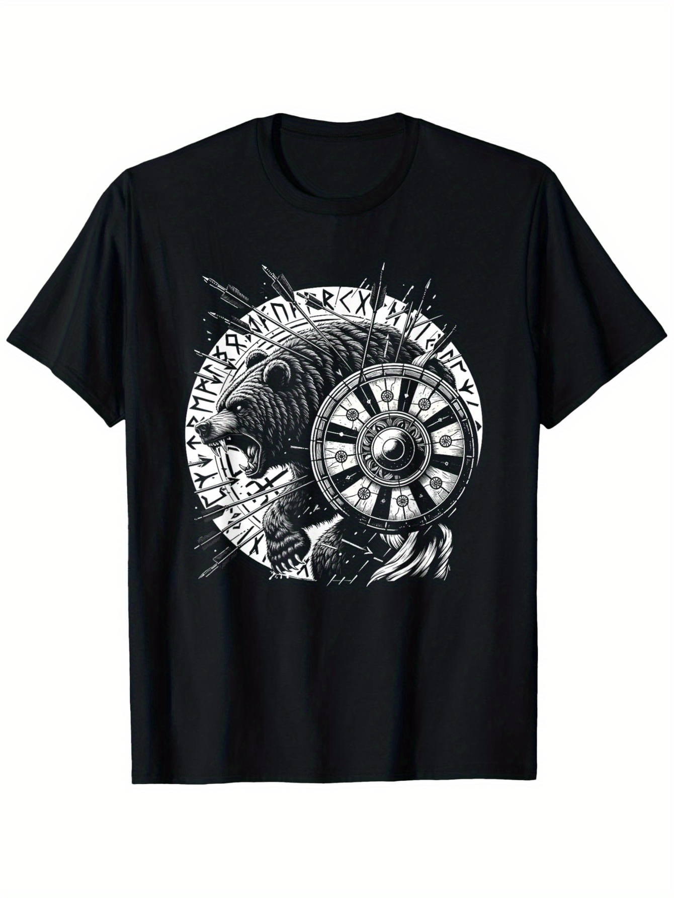 Men's Graphic T-Shirt Ancient Warrior With Battle Shield Among Striking Runes Graphic Lion