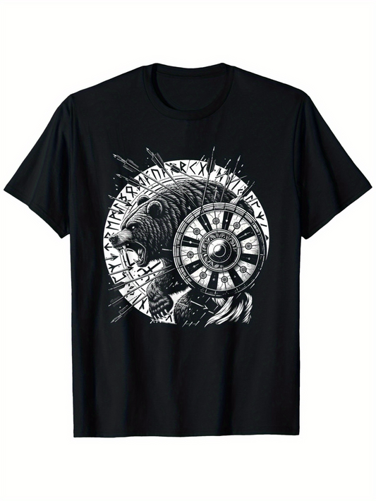 Men's Graphic T-Shirt Ancient Warrior With Battle Shield Among Striking Runes Graphic Lion