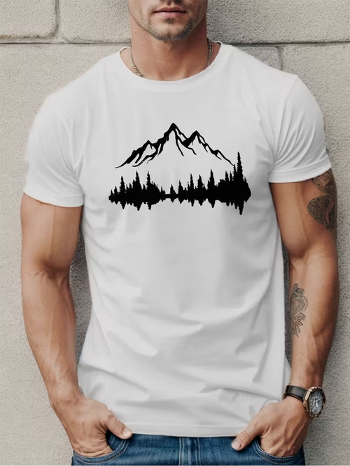 Men's Graphic T-Shirt Mountain Silhouette With Pine Forest And Snow Peaks Under Clear Sky