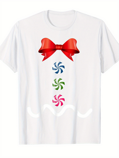Men's Graphic T-Shirt Red Ribbon And Colorful Candy Pattern With Peppermint Sweets Motif