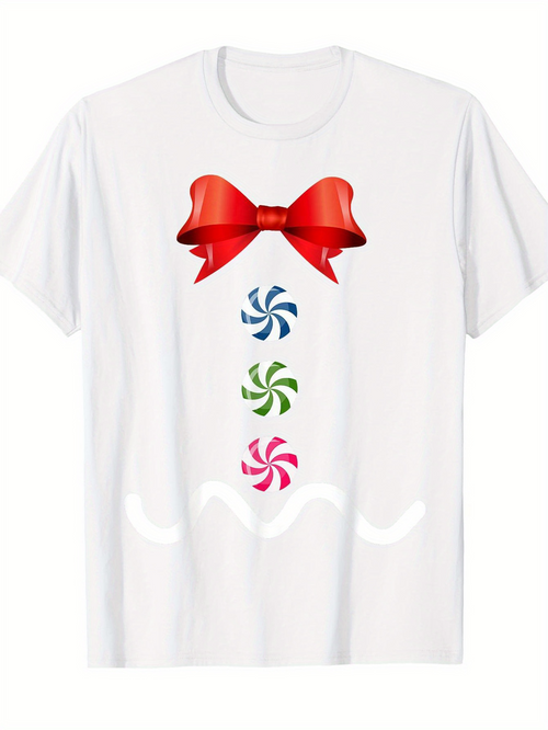 Men's Graphic T-Shirt Red Ribbon And Colorful Candy Pattern With Peppermint Sweets Motif