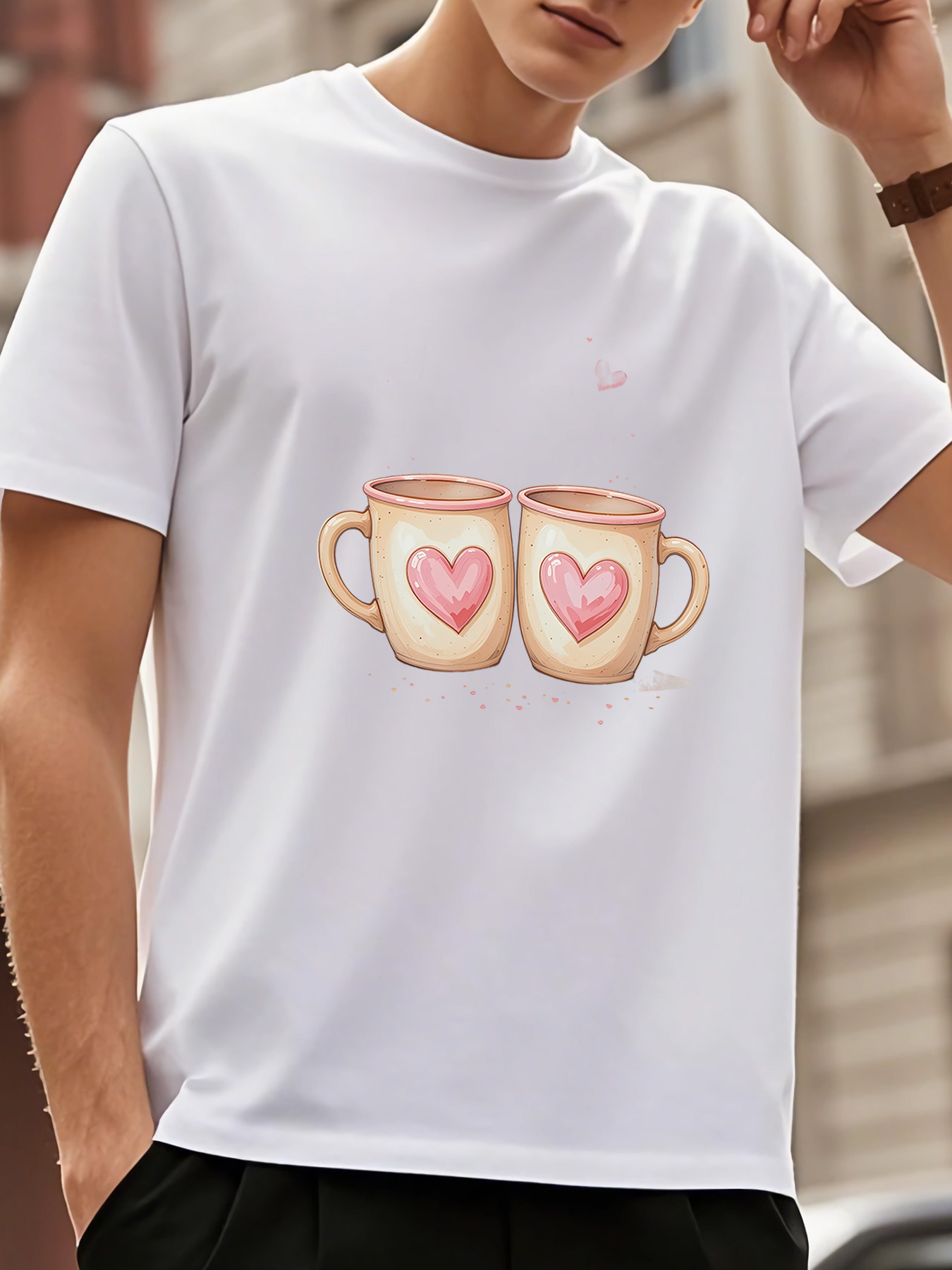 Men's Graphic T-Shirt Hand Painted Ceramic Mugs With Pink Watercolor Heart Motifs