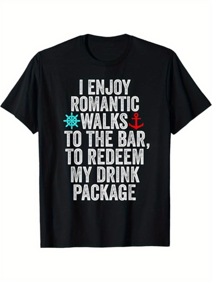 Men's Graphic T-Shirt Romantic Walks By The Ocean With Red Anchors And Turquoise Steering Wheel Black T Shirt