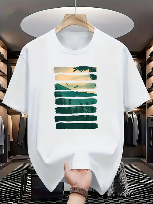 Men's Graphic T-Shirt Serene Mountain Horizon With Abstract Painted Brushstroke Sunset Landscape