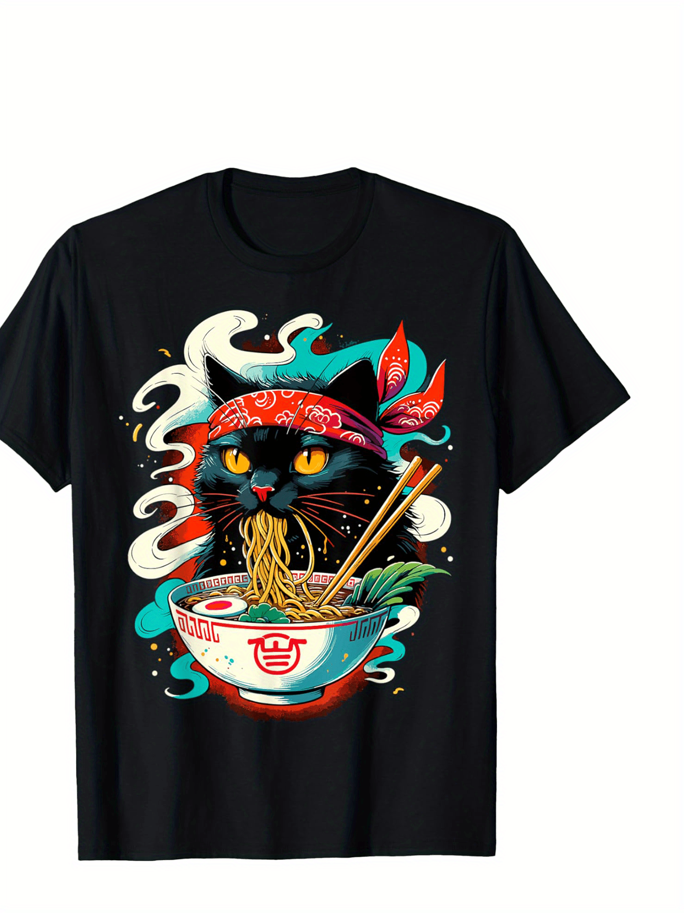 Men's Graphic T-Shirt Bandana Cat Slurping Noodles Surrounded By Steaming Ramen Bowl