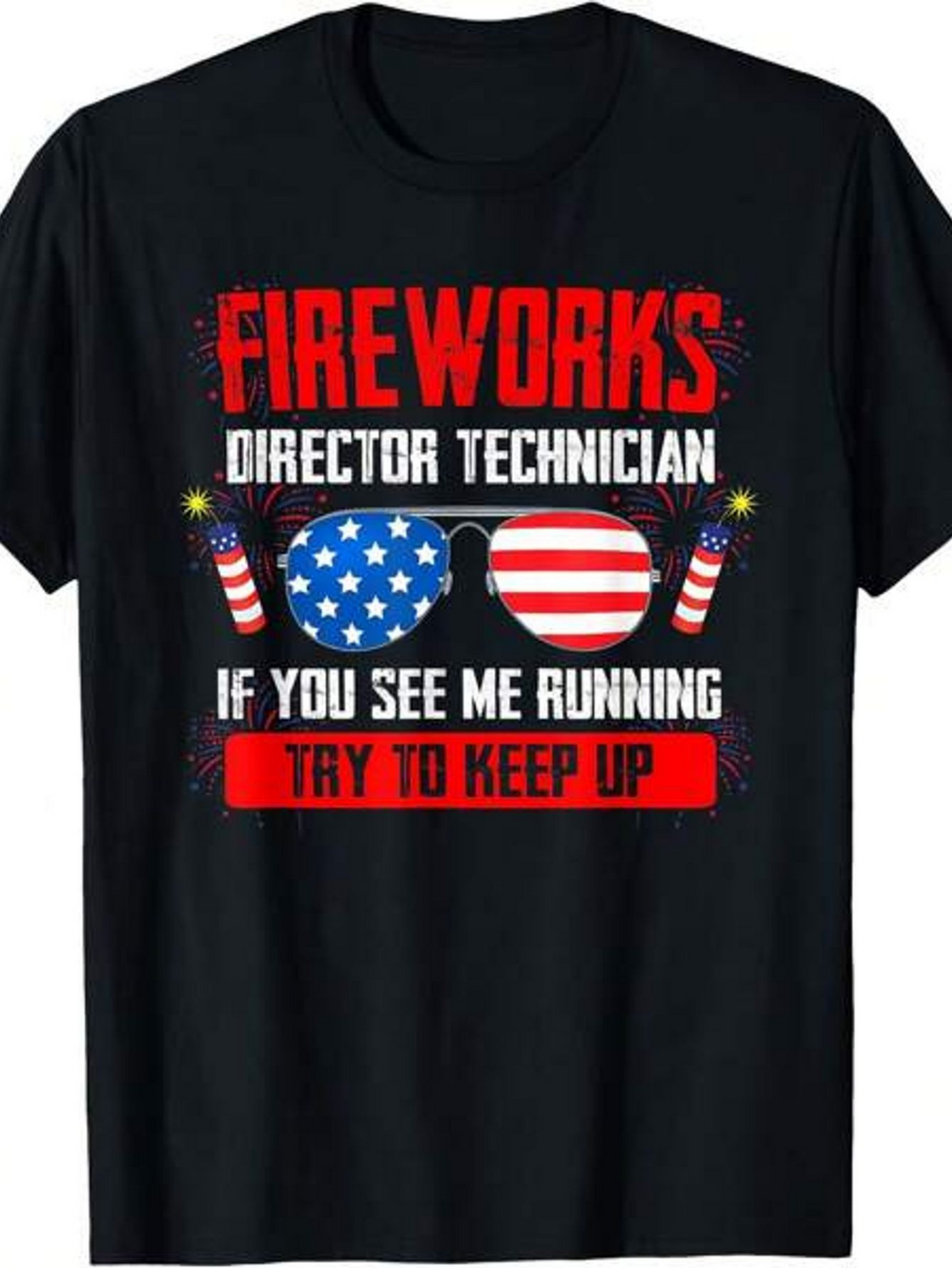 Men's Graphic T-Shirt Fireworks Director Technician Sunglasses With American Flags And Firecrackers