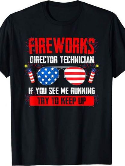 Men's Graphic T-Shirt Fireworks Director Technician Sunglasses With American Flags And Firecrackers