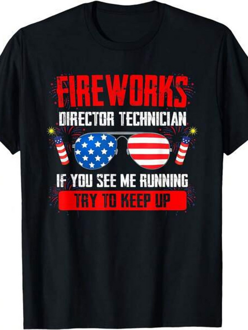 Men's Graphic T-Shirt Fireworks Director Technician Sunglasses With American Flags And Firecrackers