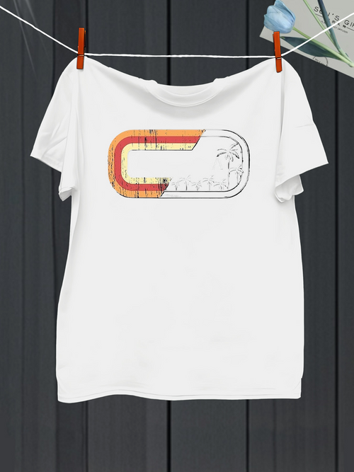 Men's Graphic T-Shirt Retro Sunset Gradient With Palm Trees And Surfers Silhouette Beach