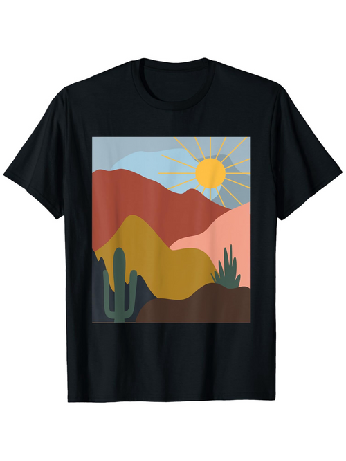 Men's Graphic T-Shirt Colorful Desert Landscape With Sunrise And Green Cacti In Mountains
