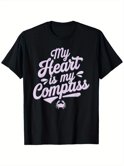 Men's Graphic T-Shirt My Heart Is My Compass Soft Script Lettering With Gentle Decorative Elements And Small Crab