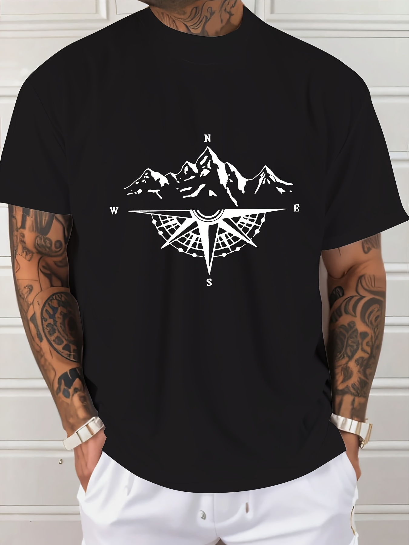 Men's Graphic T-Shirt Mountain Range Above Classic Compass Rose Symbol