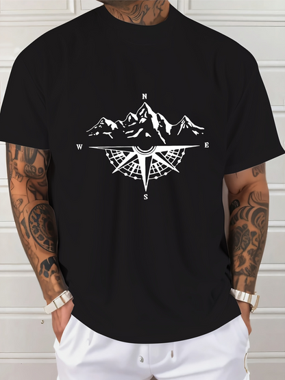 Men's Graphic T-Shirt Mountain Range Above Classic Compass Rose Symbol