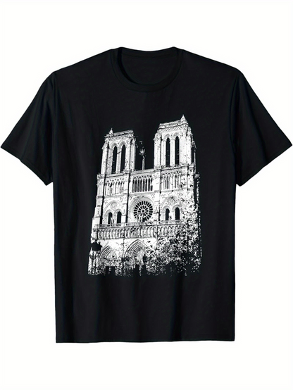 Men's Graphic T-Shirt Historic Architectural Lines With Detailed Stonework Under Parisian Sky Cathedral