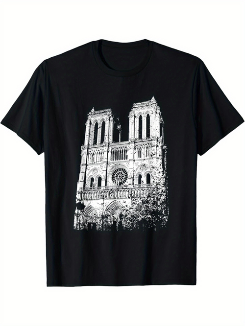 Men's Graphic T-Shirt Historic Architectural Lines With Detailed Stonework Under Parisian Sky Cathedral