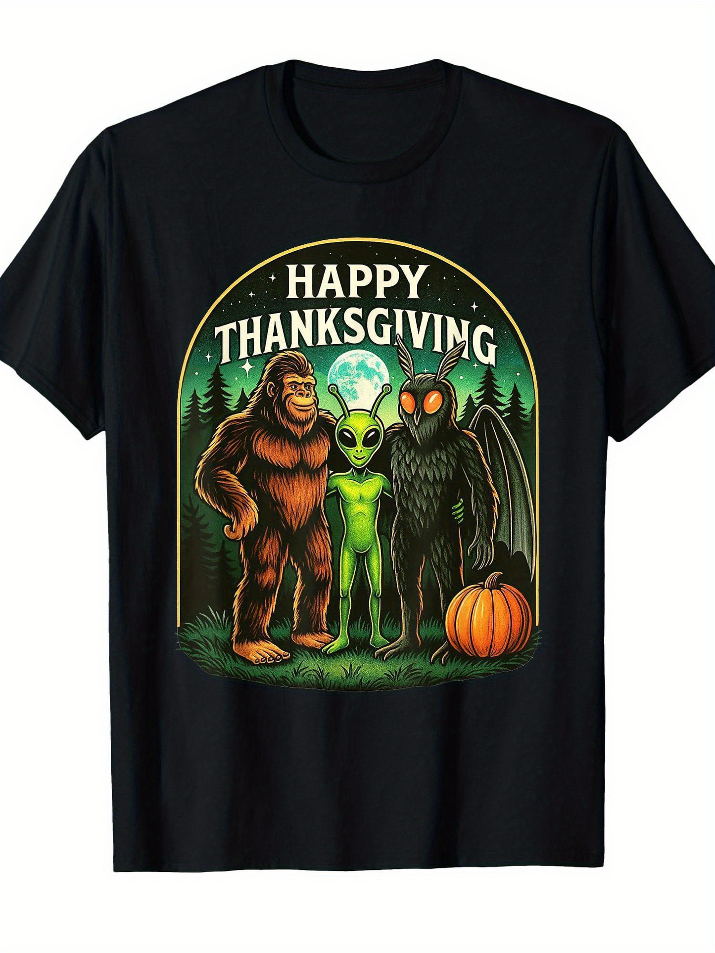 Men's Graphic T-Shirt Happy Thanksgiving With Forest Pumpkin And Three Legendary Creatures