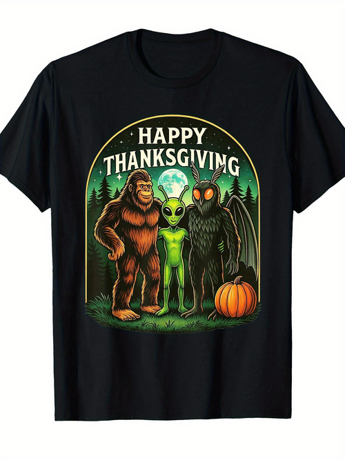 Men's Graphic T-Shirt Happy Thanksgiving With Forest Pumpkin And Three Legendary Creatures