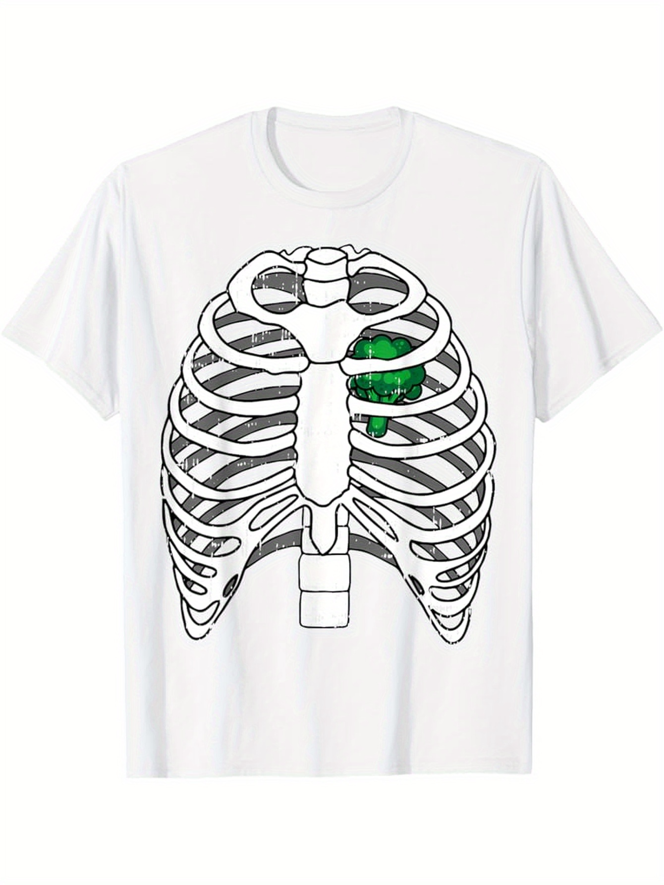 Men's Graphic T-Shirt Anatomical Style Glowing Green Heart Inside Skeleton Ribcage Graphic T Shirt