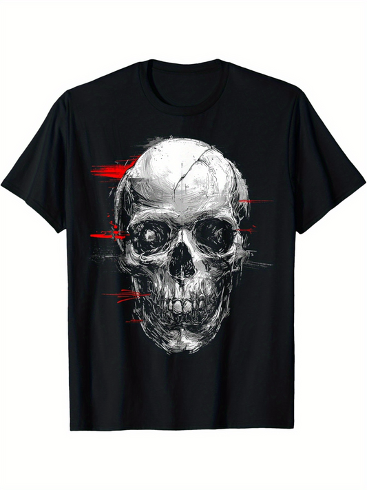 Men's Graphic T-Shirt Abstract Red Streaks Over Monochrome Rough Painted Skull
