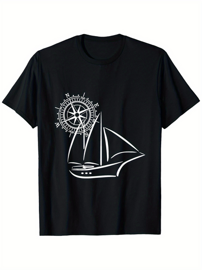 Men's Graphic T-Shirt Nautical Compass Rose And Elegant Sailing Ship Illustration