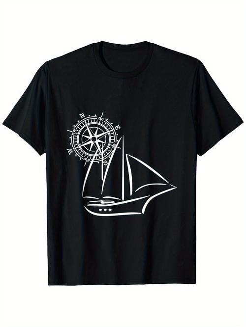Men's Graphic T-Shirt Nautical Compass Rose And Elegant Sailing Ship Illustration