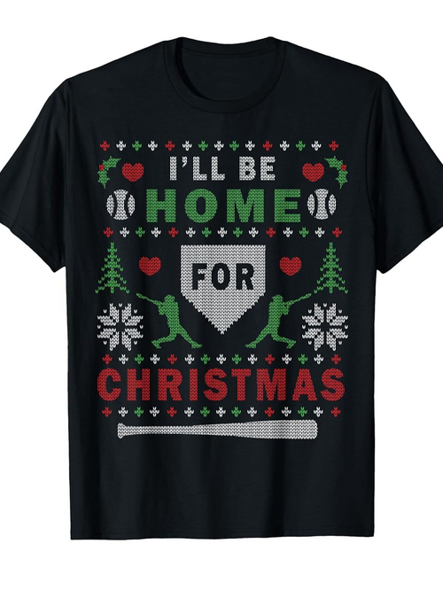 Men's Graphic T-Shirt Ill Be Home For Christmas With Snowflakes Holly And Baseball Bat