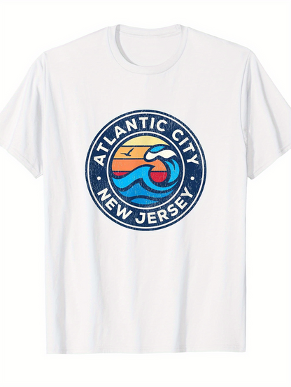 Men's Graphic T-Shirt Atlantic City New Jersey Retro Surf Sunrise With Ocean Wave Badge
