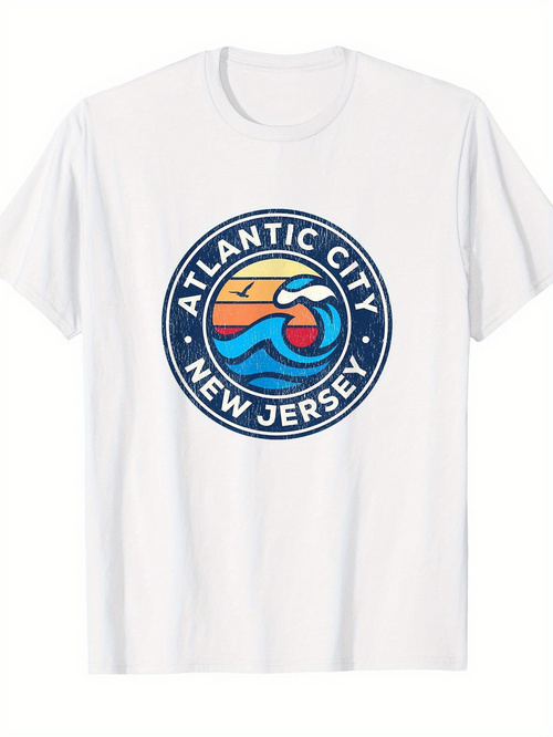 Men's Graphic T-Shirt Atlantic City New Jersey Retro Surf Sunrise With Ocean Wave Badge