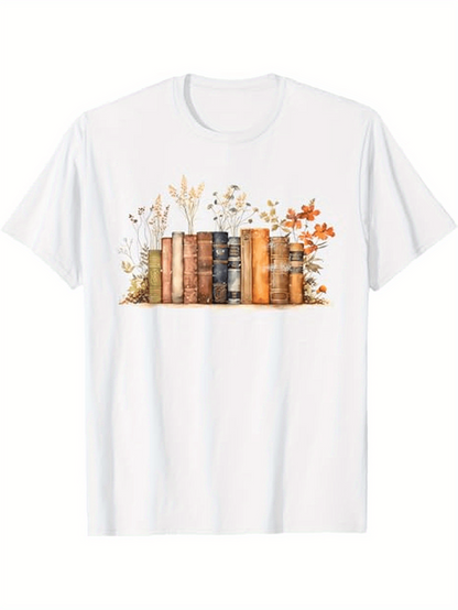 Men's Graphic T-Shirt Vintage Books With Wild Flowers And Autumn Leafs Bookshelf