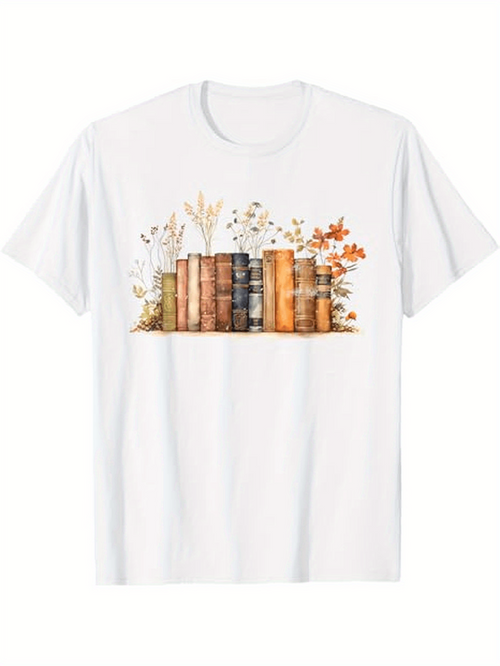 Men's Graphic T-Shirt Vintage Books With Wild Flowers And Autumn Leafs Bookshelf
