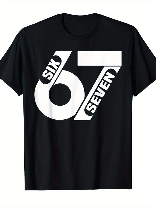Men's Graphic T-Shirt Bold White Geometric Typography With Sixty Seven Numbers