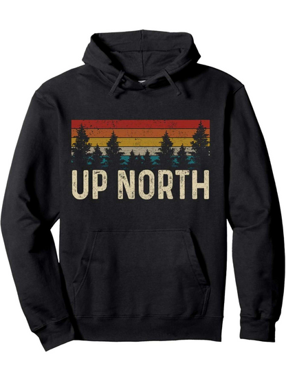 Men's Graphic Hoodie Up North Retro Sunset Silhouette With Pine Trees Under Faded Striped Sky Hoodie