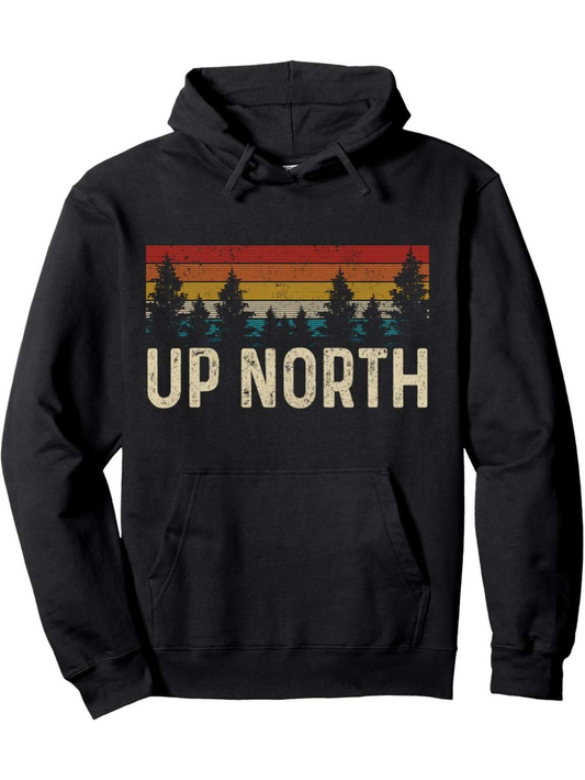 Men's Graphic Hoodie Up North Retro Sunset Silhouette With Pine Trees Under Faded Striped Sky Hoodie