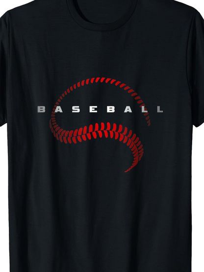 Men's Graphic T-Shirt Baseball Red Stitched Curve With Highlights On Minimalist Black T Shirt Baseball