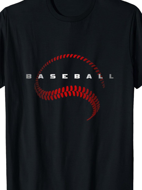 Men's Graphic T-Shirt Baseball Red Stitched Curve With Highlights On Minimalist Black T Shirt Baseball